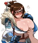  1girl 1girl areola big_breasts blush breasts brown_eyes brown_hair cleavage disembodied_hand glasses hair_bun hairpin high_res huge_breasts lightsource mei_(overwatch) nipples overwatch parted_lips plump short_hair simple_background tied_hair white_background 