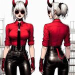 ai_generated back_view choker demon_girl demon_tail front_view glasses gloves horns long_hair ponytail red_shirt shirt spiked_collar sunglasses tail tie tied_hair