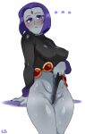  1girl between_labia blush breasts cameltoe dc_comics fat_mons female_only hips innie_pussy lightsource looking_at_viewer medium_breasts nipples partially_visible_vulva presenting pubic_hair raven_(dc) teen_titans thick_thighs thighs wide_hips 