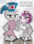 ass black_panties clothed duo english_text garter_belt hair jenny_wakeman looking_at_viewer looking_back misty_(mlaatr) misty_(my_life_as_a_teenage_robot) my_life_as_a_teenage_robot nurse panties purple_eyes purple_hair robot short_hair smile standing text underwear x^j^kny xj-9