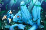  1girl 1girl 3:2 anthro ass big_ass big_breasts blue_body blush breasts cameltoe eeveelution looking_at_viewer nintendo pokemon pokemon_(species) purple_eyes text tongue tongue_out turtlessoul underwater url vaporeon video_games water 