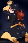  1girl 1girl arms_up ass barbara_gordon batgirl batman_(series) bodysuit bondage breasts chains cleavage dc_comics dcau female_only kneel lightsource looking_at_viewer looking_back medium_breasts shiny 