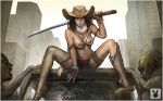  aya_(oneechanbara) breasts lowres nipples oneechanbara spread_legs sword tamsoft weapon 