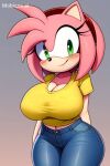  1girl ai_generated amy_rose anthro anthro_only big_ass big_breasts breasts female_only gradient_background green_eyes mobians.ai sega simple_background sonic_the_hedgehog_(series) 