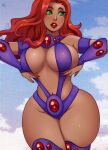  1girl alien alien_girl alluring armband big_breasts bracer breasts caucasian cleavage clothed curvy dc_comics fingerless_gloves green_eyes legs lipstick long_hair milf navel outdoors panties parted_lips purple_clothes ravenemore red_hair redhead revealing_clothes sexy skin_tight slut standing starfire stockings stomach teen_titans thick thick_thighs uniform wide_hips 
