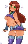  1girl blush breasts brown_hair cameltoe cleavage dc_comics female_only green_eyes hairless_pussy hourglass_figure lightsource long_hair looking_at_viewer medium_breasts panties starfire stockings teen_titans thong under_boob undersized_clothes 