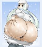  1girl ass ass_grab big_ass big_breasts blonde blonde_hair blue_background blush bottom_heavy breasts clothed clothes earring english_text extra_thicc eye_contact eyelashes female_only gym_leader hair_over_one_eye half-closed_eyes hand_on_ass hat heavy_breathing huge_ass human human_only leggings long_hair looking_at_viewer looking_back looking_down mature mature_female melony_(pokemon) musk nintendo open_mouth panties pokemon pokemon_ss shirt smell snow snowflake snowflakes source_request talking_to_viewer text thick_thighs white_border wide_hips yesevilberry 