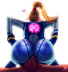  1boy 1girl anal ass ass_crack ass_focus big_ass clothed_sex dark-skinned_male erect_penis erection hands_on_ass heart hetero imminent_sex looking_away metroid nintendo penis penis_in_ass samus_aran sex sitting_on_lap sitting_on_penis sitting_on_person smash_bros. suit testicle white_background yellow_hair 