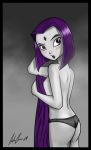 1girl 2009 al305sr ass aulio_giron blush dc_comics dcau female female_only forehead_jewel grey_skin looking_at_viewer mostly_nude no_bra panties panties_only raven_(dc) short_hair solo_female standing superheroine teen_titans topless towel