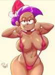 1girl areola artist_name big_breasts breasts brown_skin cartoon_network christmas curvy enid_mettle eyes_half_open female_only huge_breasts legs looking_at_viewer micro_bikini navel nipples nipples_visible_through_clothing ok_k.o.!_let&#039;s_be_heroes presenting profit purple_hair santa_hat sexy sling_bikini slut standing stomach thick thick_thighs wide_hips