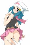  1girl arm arms art ass babe bare_arms beanie blue_eyes blue_hair blush bottomless clenched_hand clenched_hands clenched_teeth dawn embarrassed endou_masatoshi hair_ornament hairless_pussy hat hikari_(pokemon) long_hair looking_back looking_down nintendo panties panty_pull pink_skirt pokemon pokemon_(anime) pokemon_(game) pokemon_dppt pussy red_scarf scarf shy simple_background skirt sleeveless teeth upskirt white_background white_panties 