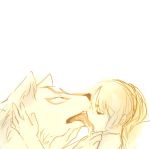  amaterasu beastiality closed_eyes dog kiss kissing licking lowres okami ookami_(game) ponytail saliva sucking tongue white_background wolf 
