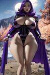  1girl ai_generated cloak dc_comics erect_nipples erect_nipples_under_clothes huge_breasts nipples one-piece_swimsuit purple_swimsuit raven_(dc) stable_diffusion swimsuit tagme teen_titans the_hotshot thick_thighs wide_hips young_adult 