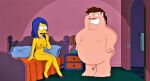  ass blue_hair breasts crossover erect_nipples family_guy gp375 high_heels marge_simpson nude pearls peter_griffin sitting_on_bed small_penis the_simpsons thighs yellow_skin 