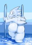 1girl alphys alphys_(undertale) anthro anthro_only ass ass_focus breasts bubble_butt byondrage embarrassed glasses glasses_only looking_back looking_behind naked nude round_glasses scalie swimming_pool tail undertale undertale_(series)