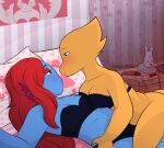  2010s 2018 2_girls 2d 2d_(artwork) alphyne alphys alphys_(undertale) alternate_version_at_source anthro anthro_on_anthro anthro_only artist_name bed bedroom black_bra black_panties black_underwear blue_body blue_skin breasts canon_couple digital_media_(artwork) duo echoheartx elegantfolly female female/female female_only fish fish_girl indoors lesbian lizard lizard_girl non-mammal_breasts on_bed red_hair reptile reptile_girl scalie twitter undertale undertale_(series) underwear underwear_only undyne unphys video_game_character video_games yellow_body yellow_skin yuri 
