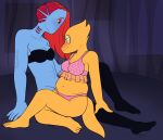  2010s 2017 2_girls 2d 2d_(artwork) alphyne alphys alphys_(undertale) alternate_hairstyle anthro anthro_only black_bra blue_body blue_skin breasts canon_couple digital_media_(artwork) duo echoheartx elegantfolly female female/female female_only fish glasses hair hair_down indoors lesbian lingerie lizard long_hair looking_at_another marine monster non-mammal_breasts pink_bra pink_panties red_hair reptile scalie tumblr undertale undertale_(series) underwear undyne unphys video_game_character video_games yellow_body yellow_skin yuri 