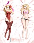  1girl alluring ann_takamaki blonde_hair blue_eyes clothed clothing gloves kimmy77 on_back on_bed persona persona_5 pillow stockings twin_tails 