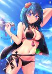 1girl alluring arm_up artist_name big_breasts bikini black_bikini blue_eyes blue_hair blue_sky blush breasts byleth_(female) byleth_(fire_emblem) byleth_(fire_emblem)_(female) chinchongcha cleavage closed_mouth dagger day fire_emblem fire_emblem:_three_houses fire_emblem_heroes flower hair_flower hair_ornament high_res holding knife medium_breasts nintendo official_alternate_costume outside sheath sheathed sky smile standing swimsuit wading water weapon