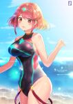 1girl alluring artist_name big_breasts blush breasts chinchongcha closed_mouth cloud competition_swimsuit covered_navel day gem hair_ornament hand_on_breast headpiece high_res jewelry looking_at_viewer nintendo one-piece_swimsuit pyra pyra_(xenoblade) red_eyes red_hair short_hair sky smile swept_bangs swimsuit tiara water xenoblade_(series) xenoblade_chronicles_(series) xenoblade_chronicles_2