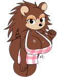  1girl animal_crossing anthro apron apron_only big_breasts breasts brown_body cleavage eulipotyphlan female_only freckles furry hair hedgehog long_hair looking_at_viewer mostly_nude naked_apron nintendo nr_ac sable_able simple_background thick_thighs white_background 
