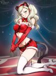  1girl 1girl 1girl alluring ann_takamaki aqua_eyes bare_shoulders belly blonde_hair blue_eyes blush bowtie christmas christmas_clothing christmas_outfit cleavage earrings erection_under_clothes fake_animal_ears fake_tail female_only gloves high_heels holidays kneel legs legwear light-skinned_female looking_at_viewer medium_hair minacream persona persona_5 seductive seductive_smile shorts smile smug stockings stomach thigh_high_boots thighs topwear twin_tails 