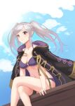 1girl alluring bikini blue_sky braid breasts brown_eyes cleavage closed_mouth cloud crossed_legs fire_emblem fire_emblem_awakening fire_emblem_heroes french_braid high_res jewelry necklace nintendo o-ring o-ring_bikini robin_(fire_emblem) sitting sky spiffydc swimsuit twin_tails twitter_username white_hair