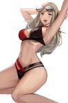  1girl 1girl 1girl alluring ann_takamaki arms_up atlus big_breasts blonde_hair blue_eyes breasts eyewear_on_head happy hartman_hips high_res high_res j@ck legs long_hair persona persona_5 simple_background sitting sunglasses sunglasses_on_head swimsuit thick_thighs 