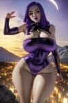  1girl ai_generated dc_comics huge_breasts one-piece_swimsuit purple_swimsuit raven_(dc) stable_diffusion swimsuit tagme teen_titans the_hotshot thick_thighs wide_hips young_adult 