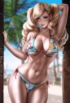  1girl absurd_res alluring ann_takamaki arm_up athletic_female big_breasts bikini blonde_hair blue_eyes breasts child_bearing_hips cute_face dandon_fuga female_abs female_focus female_only fit_female hair_ornament high_res high_resolution hips large_filesize light-skinned_female light_skin long_hair looking_at_viewer navel_piercing persona persona_5 slim_girl slim_waist standing swimsuit thick_thighs thighs twin_tails very_high_resolution 