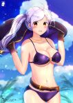 1girl ahoge alluring alternate_costume artist_logo artist_name asymmetrical_bangs belt bikini blush breasts brown_gloves chinchongcha cleavage cloak cloud cloudy_sky cowboy_shot day fire_emblem fire_emblem_awakening fire_emblem_heroes gloves high_res jewelry leather leather_gloves looking_at_viewer medium_breasts medium_hair necklace nintendo o-ring o-ring_bikini open_mouth orange_eyes outside purple_bikini robin_(fire_emblem) signature silver_hair sky smile swimsuit twin_tails under_boob water water_drop wind