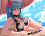 1girl alluring beach beach_umbrella big_breasts blue_sky breasts byleth_(female) byleth_(fire_emblem) byleth_(fire_emblem)_(female) closed_mouth cloud dagger day fire_emblem fire_emblem:_three_houses fire_emblem_heroes flower hair_flower hair_ornament high_res knife lying nintendo on_side outside sheath sheathed sky spiffydc teal_hair umbrella water weapon
