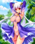  ai_generated arms_up breasts female_focus female_only forest_background long_hair medium_breasts original puffy_nipples red_eyes silver_hair transparent_clothing visible_pussy white_hair 