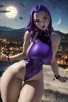  1girl ai_generated dc_comics huge_breasts leotard one-piece_swimsuit purple_swimsuit raven_(dc) stable_diffusion swimsuit tagme teen_titans the_hotshot thick_thighs wide_hips young_adult 