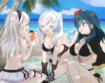 3girls alluring beach belt bikini black_bikini black_hairband blue_eyes blue_sky breasts brown_gloves byleth_(female)_(fire_emblem) byleth_(fire_emblem) cleavage closed_eyes cloud corrin_(female)_(fire_emblem) corrin_(female)_(summer)_(fire_emblem) corrin_(fire_emblem) corrin_(fire_emblem)_(female) cup day drinking_straw feeding fire_emblem fire_emblem:_three_houses fire_emblem_awakening fire_emblem_fates fire_emblem_heroes flower glass gloves hair_flower hair_ornament hairband high_res holding holding_cup holding_spoon long_hair multiple_girls nintendo o-ring o-ring_bikini official_alternate_costume open_mouth outside palm_tree pointy_ears puni_y_y robin_(fire_emblem) sitting sky spoon swimsuit teal_hair tree twin_tails water white_hair wreath