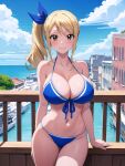  1girl ai_generated alluring big_breasts bikini blonde_hair blue_bikini brown_eyes child_bearing_hips cleavage fairy_tail female_only hair_bow high_res legs looking_at_viewer lucy_heartfilia navel side_ponytail smile thighs voluptuous zengai 