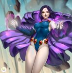  1girl 1girl 1girl 2d armpits bare_legs bare_shoulders bare_thighs belly_button cape dc_comics didi_esmeralda elbow_gloves female_focus female_only gloves groin hips leotard looking_at_viewer medium_breasts mostly_clothed pale-skinned_female pale_skin purple_eyes purple_hair raven_(dc) short_hair solo_female solo_focus standing teen_titans thick_thighs tight_clothing wide_hips 