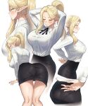  1girl adjusting_clothes adjusting_hair adjusting_skirt alluring ass ass_focus beautiful bent_over big_ass blush breasts elf elf_ears female_only hand_on_own_ass hands_behind_back knees_together_feet_apart nintendo nipples_visible_through_clothing office_lady pantylines princess_zelda skirt the_legend_of_zelda thick_thighs thighs white_background 