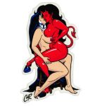 2girls black_hair coop_(artist) demon_girl devil_girl hooves horns kissing nude nun red_skin spade_tail sticker yuri