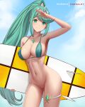 1girl alluring armpits arms_up artist_name bare_arms bare_legs bare_shoulders big_breasts bikini bikini_top blue_sky blush breasts brown_eyes cleavage closed_mouth collarbone contrapposto cowboy_shot dakkalot day earrings female_abs gem green_eyes green_hair holding jewelry long_hair looking_at_viewer naked_from_the_waist_down nintendo outside pneuma_(xenoblade) pussy salute sky smile stomach surfboard swimsuit thighs tiara very_long_hair voluptuous white_bikini xenoblade_(series) xenoblade_chronicles_2