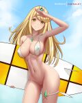 1girl alluring armpits arms_up artist_name bare_arms bare_legs bare_shoulders big_breasts bikini bikini_top blonde_hair blue_sky blush breasts brown_eyes cleavage closed_mouth collarbone contrapposto cowboy_shot dakkalot day earrings female_abs gem holding jewelry long_hair looking_at_viewer mythra mythra_(xenoblade) naked_from_the_waist_down nintendo outside pussy salute sky smile stomach surfboard swimsuit thighs tiara very_long_hair voluptuous white_bikini xenoblade_(series) xenoblade_chronicles_2