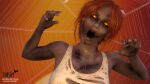 16:9 16:9_aspect_ratio 1girl 3d 3d_(artwork) creepy dirty_clothes female_focus glowing_eyes grabbing_viewer halloween halloween_2023 horror looking_at_viewer medium_hair messy messy_hair monster_girl nsfw_version_available open_eyes open_mouth orange_background patreon patreon_username red_hair redhead roosterart scars screaming shirt shoulders solo_focus spider_web spooky standing subscribestar subscribestar_username teeth torn_clothes torn_clothing torn_shirt white_shirt wide_open_mouth zombie zombie_girl