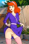  ai_generated daphne_blake dress_lift flashing no_panties scooby-doo shaved_pussy stockings thighs 