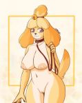  1girl 1girl animal_crossing anthro bell big_breasts big_nipples blonde_hair breasts canid canine canis collar domestic_dog furry genitals hair head_tuft high_res humanoid_genitalia humanoid_pussy isabelle_(animal_crossing) leash long_ears looking_at_viewer mammal nintendo nipples nude pussy signature simple_background tuft umine video_games 
