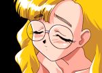  1girl 90s animated animated_gif blonde_hair blue_eyes blush closed_eyes cum ejaculation facial gif glasses hair karin_(viper) lowres official_art oldschool solo topless viper viper_v16 