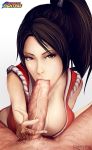  1boy 1girl cherry-gig clothed_female_nude_male clothed_sex fatal_fury fellatio good_girl good_sex hetero huge_breasts huge_penis japanese_clothes king_of_fighters looking_at_viewer mai_shiranui male/female oral oral_sex penis_grab pov pov_eye_contact shiranui_mai sucking_penis uncensored veiny_penis 
