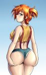  1_girl 1girl ass ass_focus ass_grab blue_eyes clothed female female_human female_only huge_ass human kasumi_(pokemon) looking_at_viewer looking_back misty misty_(pokemon) naughty_face orange_hair pokemon pokemon_(anime) short_hair short_shorts solo standing suspenders 
