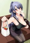  1girl black_pantyhose breasts_focus erection_under_clothes female_only green_eyes heavy_breathing large_breasts long_hair looking_at_viewer no_bra one_breast_out_of_clothes presenting_breasts purple_hair shirt_pull sitting smile 