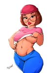  aleksandrgav big_breasts family_guy flashing glasses hat looking_at_viewer meg_griffin midriff one_breast_out shirt_lift thighs 