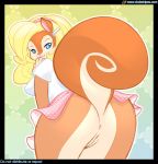  anus ass blue_eyes breasts character_request clubstripes cute female furry hairpin head_ban looking_back miu_(artist) no_panties presenting pussy raised_tail rodent shirt sideboob skirt squirrel tail 